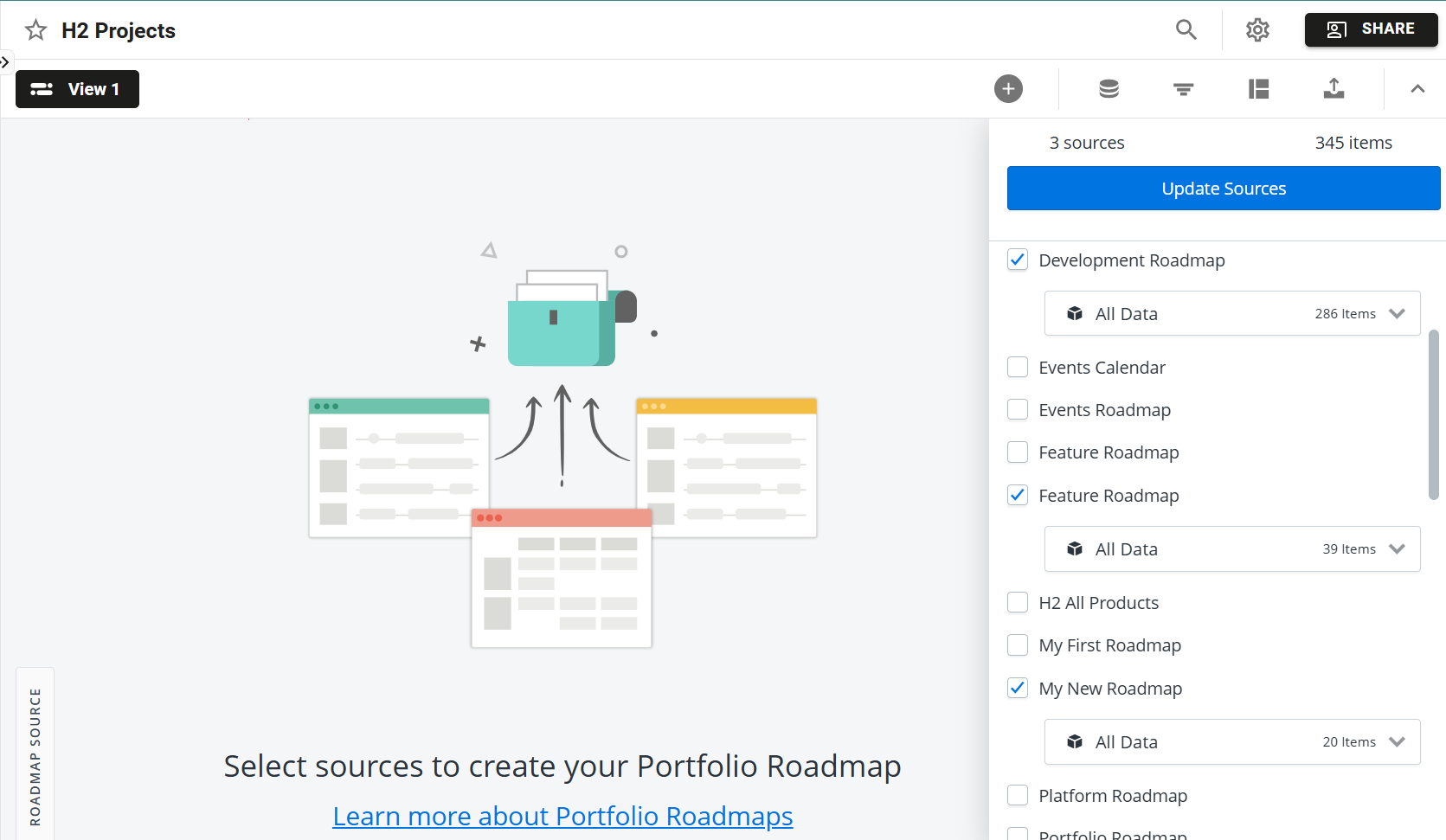 Source menu open with three roadmaps selected