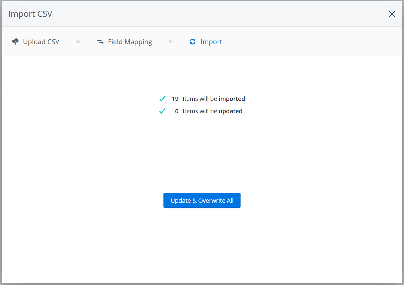 CSV import confirmation screen