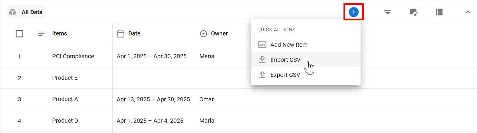 Import CSV file option in the Quick Actions menu