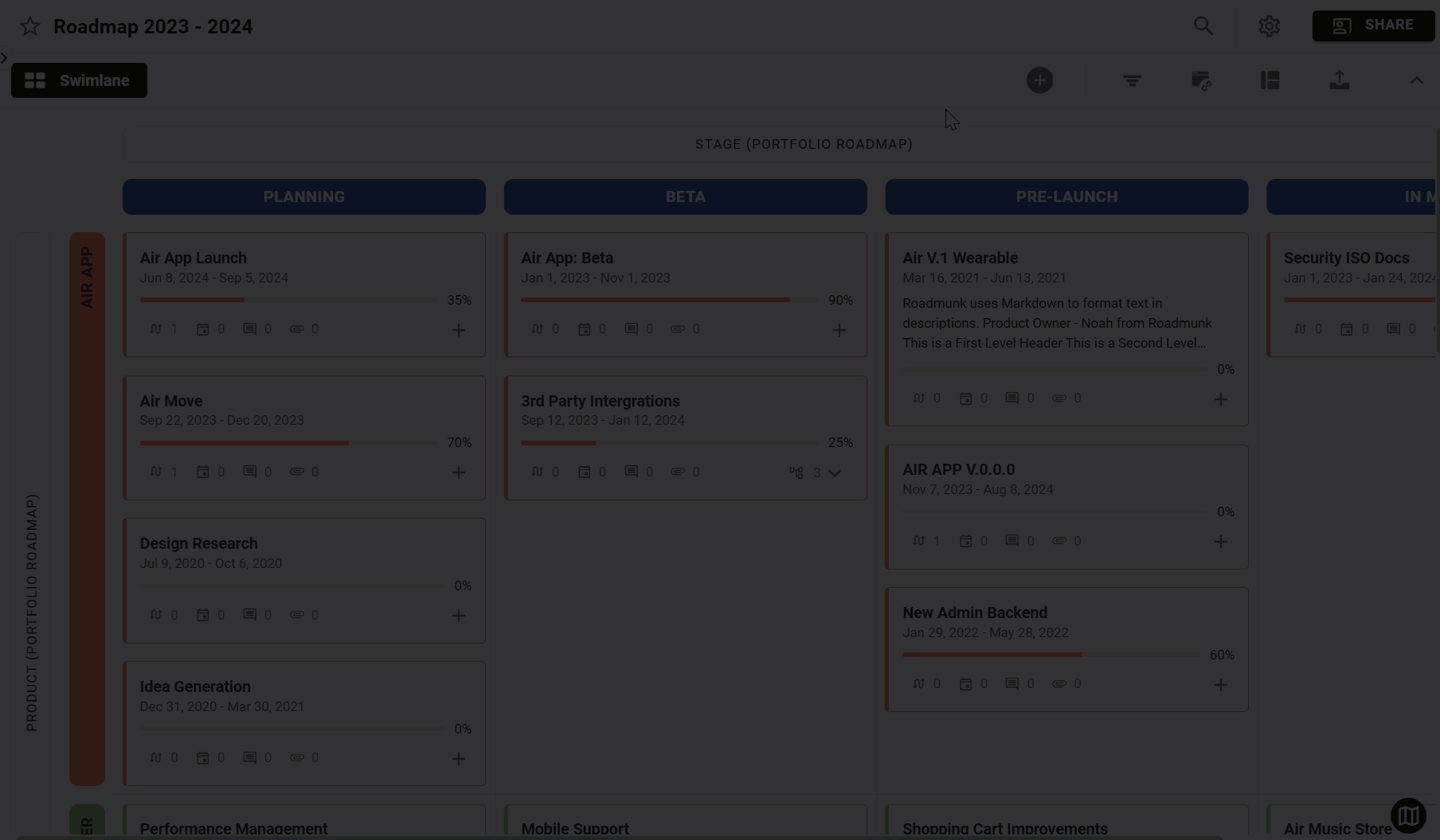 Adding a new item to a swimlane view