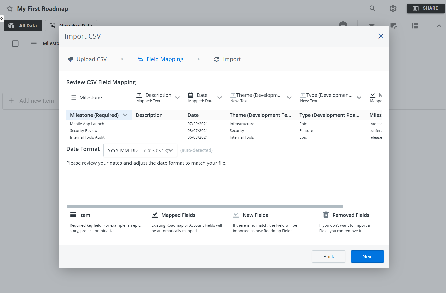 Import CVS screen for milestones