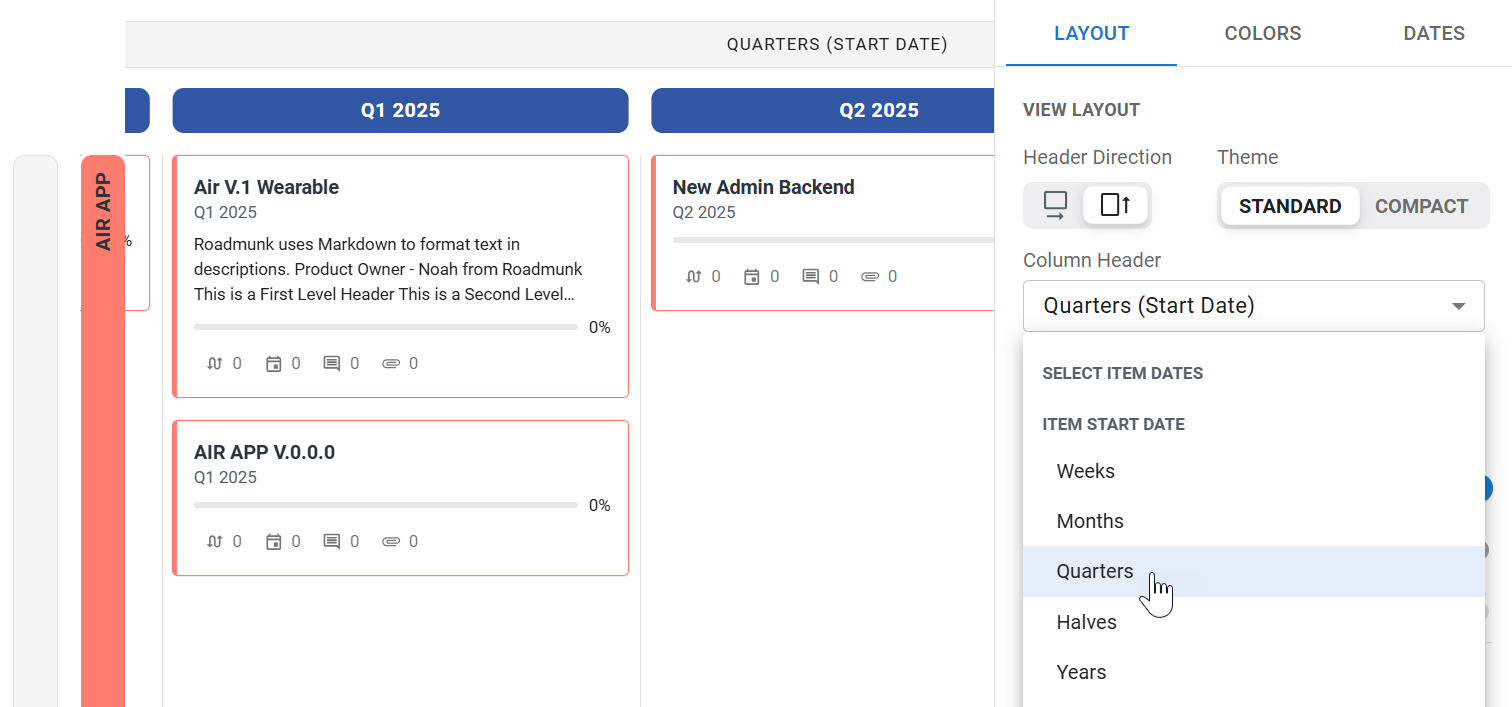 Select Quarters header in the swimlane