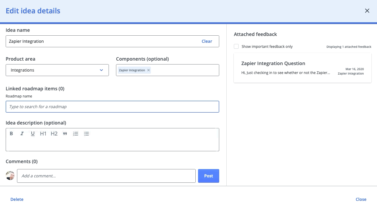 Attaching an idea to a roadmap item