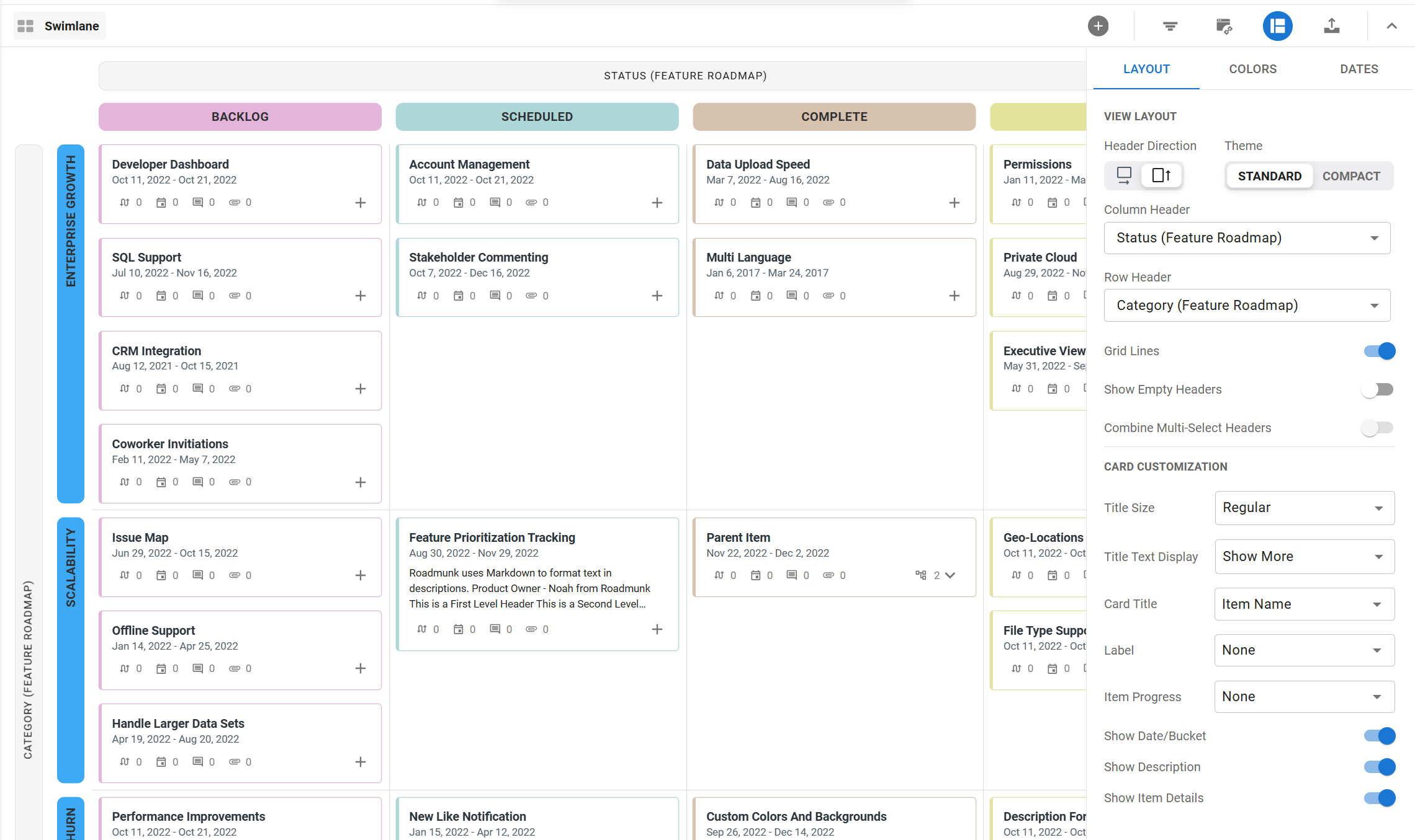 Swimlane format menu