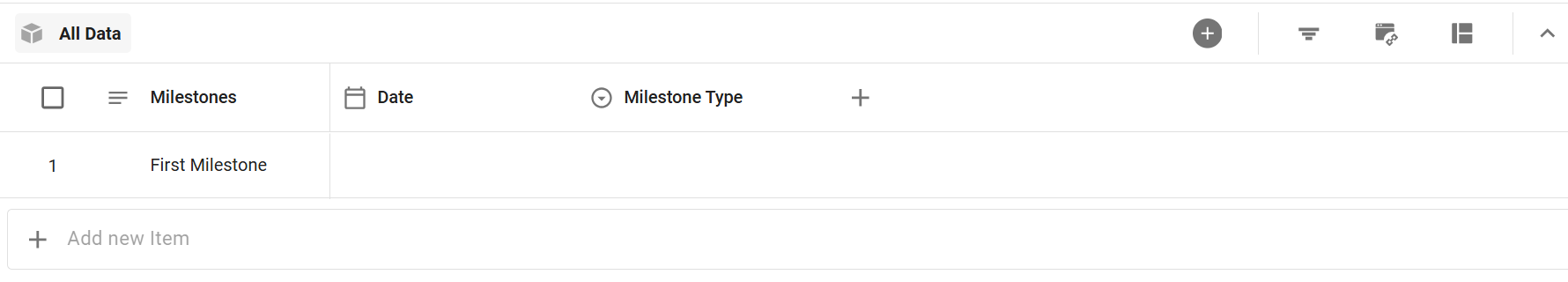 Milestone table with one item and an add new item field.png