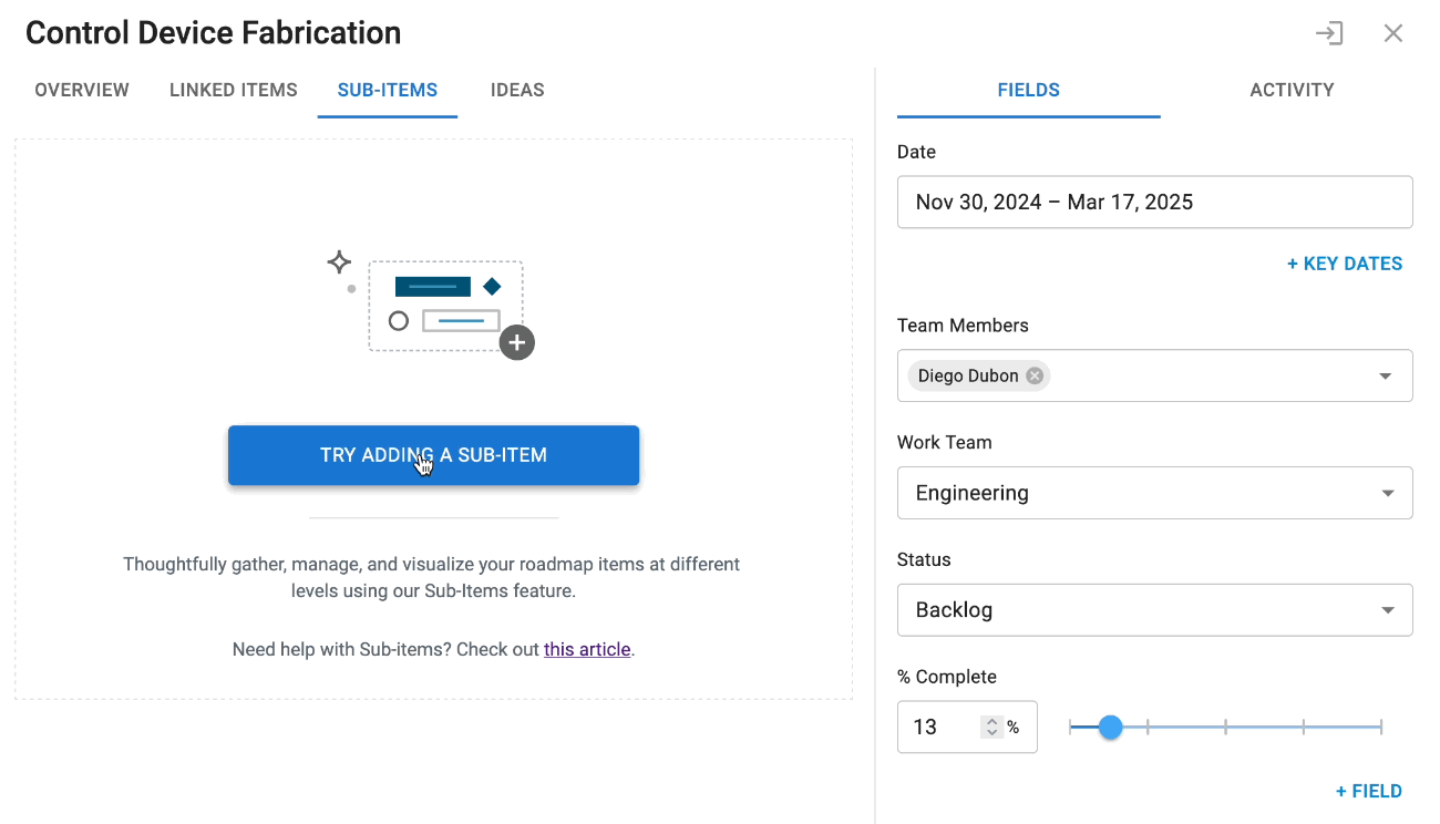 An animated GIF of a user adding a sub-item to an item from the Item Card menu.