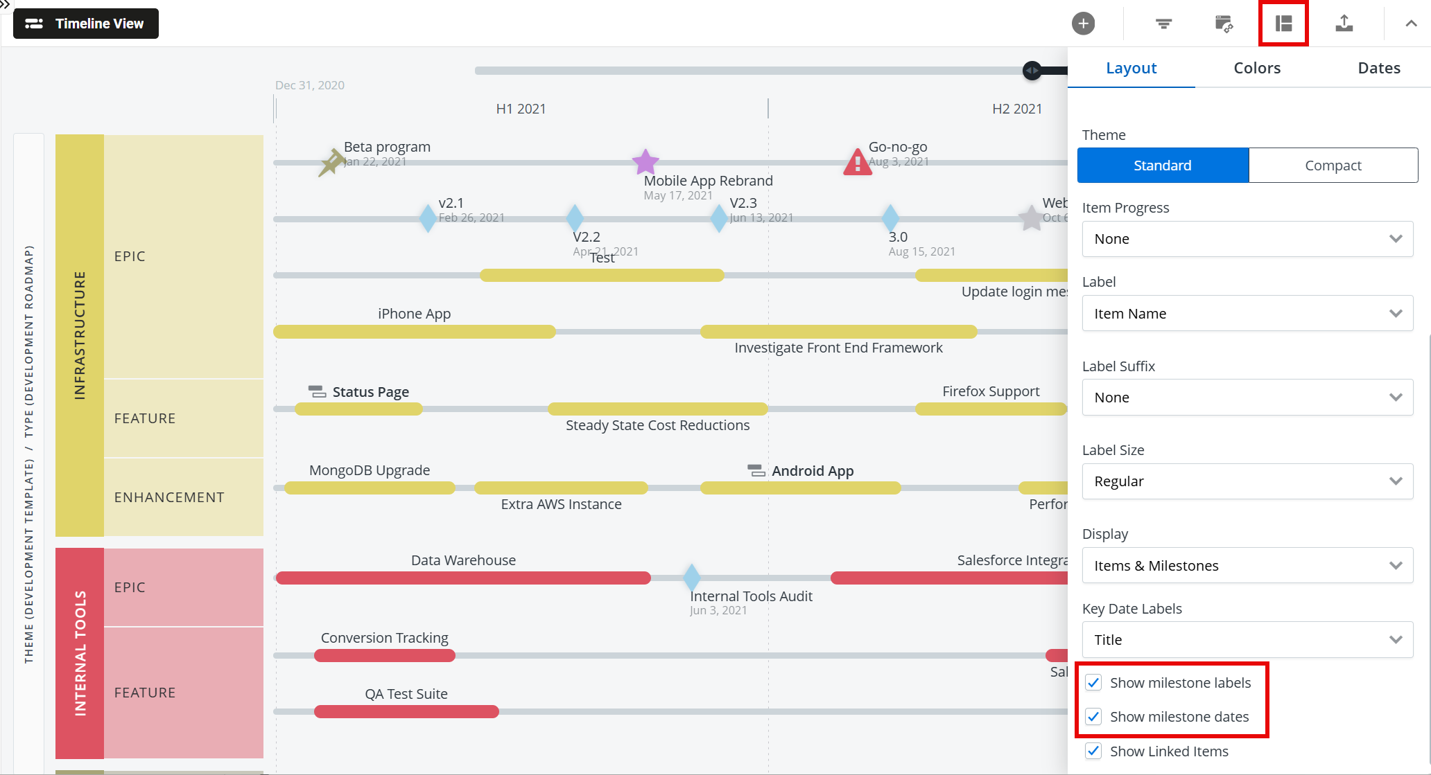 Show milestone labels and date options in the format settings