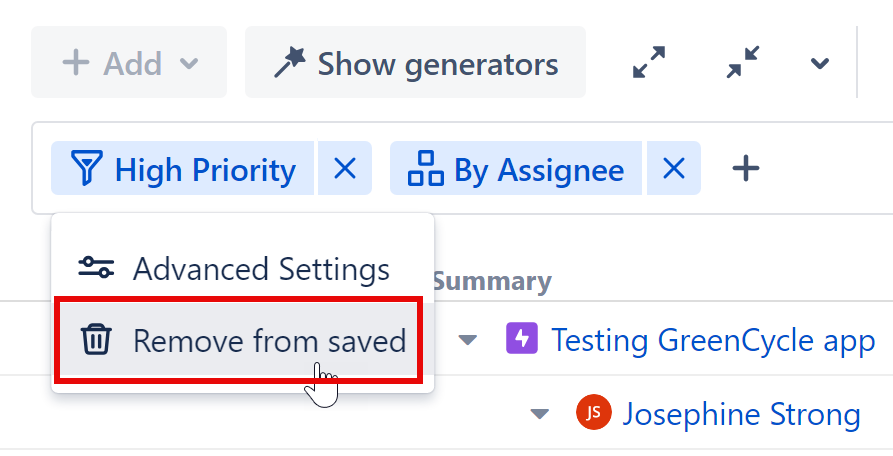 removing a quick transformation from the saved list