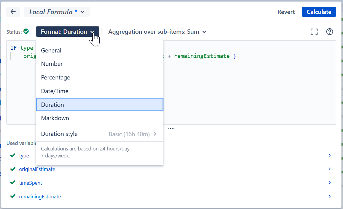 Formula editor showing the available format options