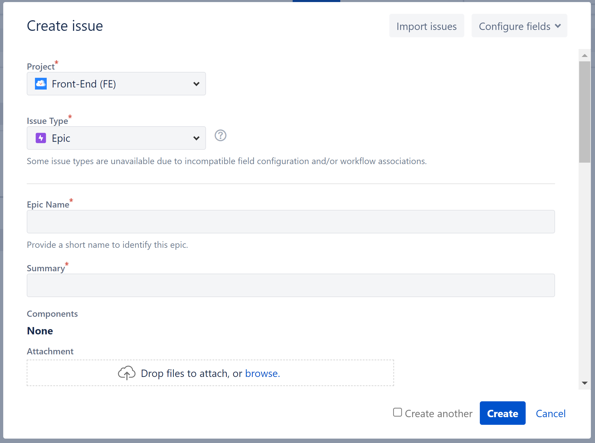 Jira create issue dialogue