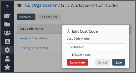 Archived Cost Code Settings