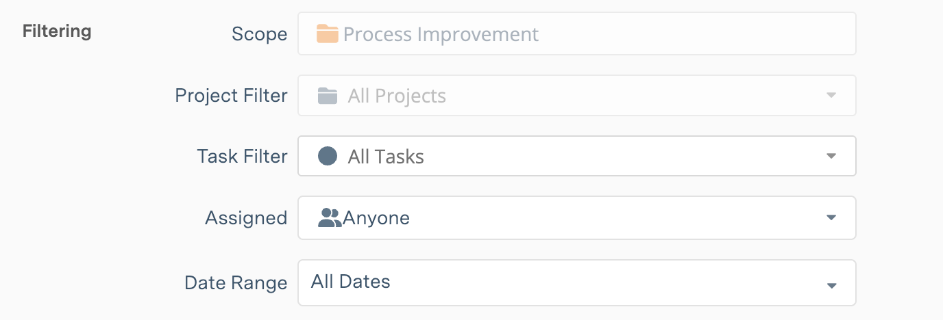 Filtering settings for a Project dashboard