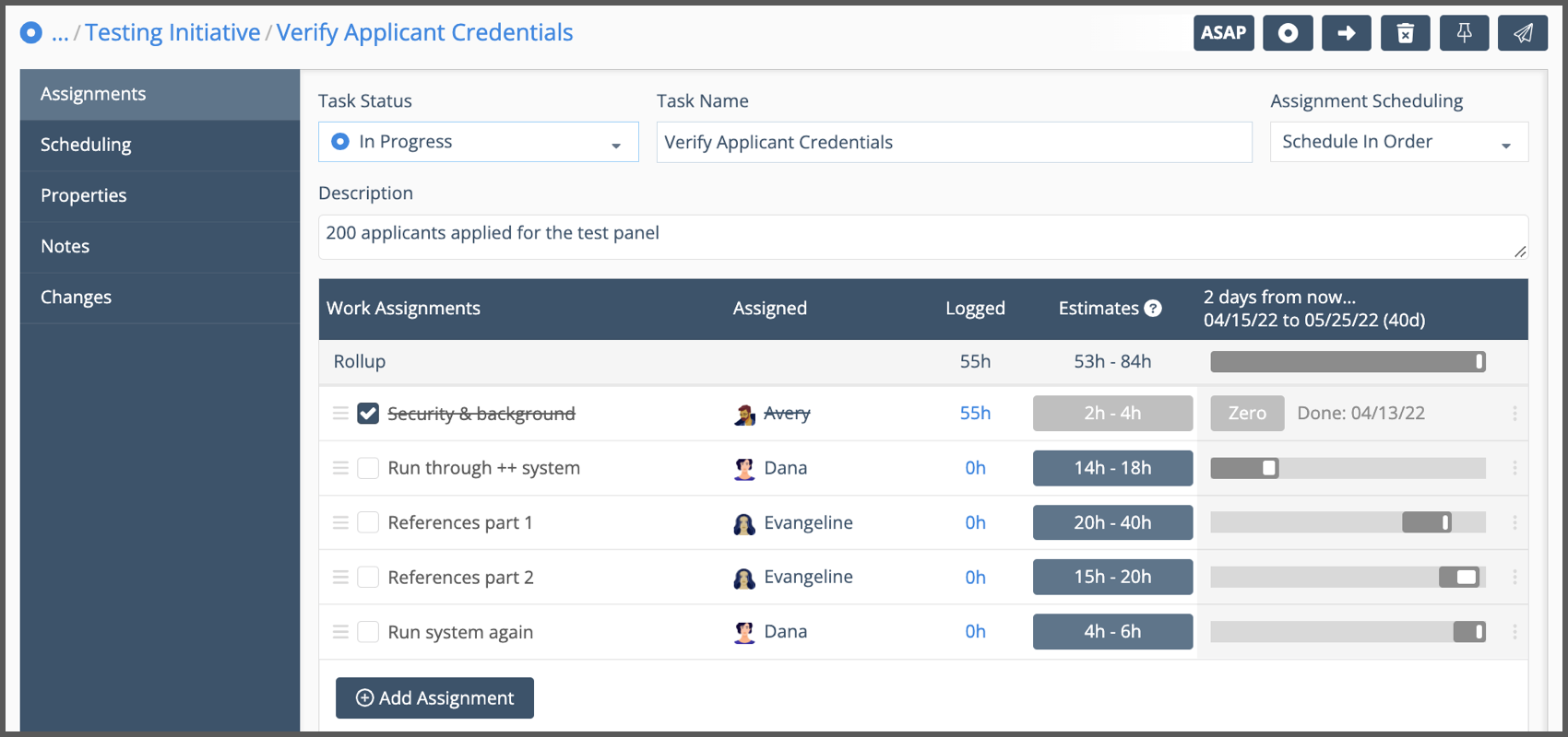 Assign, log progress and estimate on the Task Edit Panel