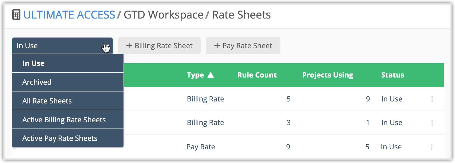 Rate Sheet Table