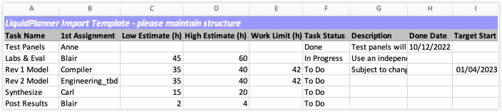 Downloaded excel template with task information added