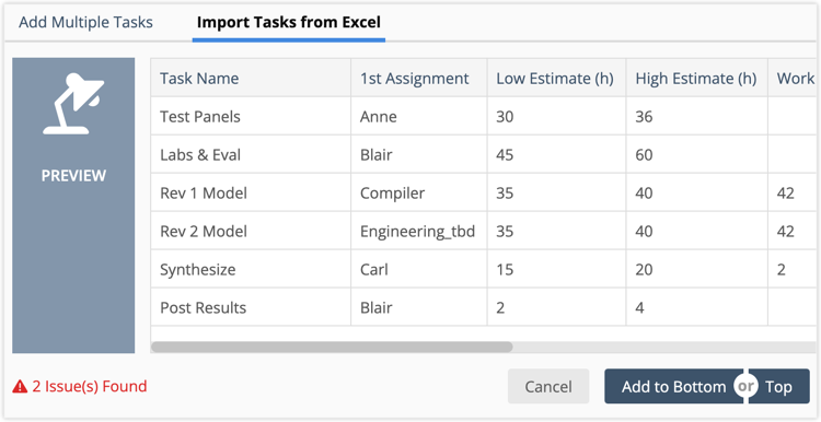 Import Preview page with issues found