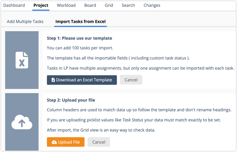 Import tasks page with download and upload buttons