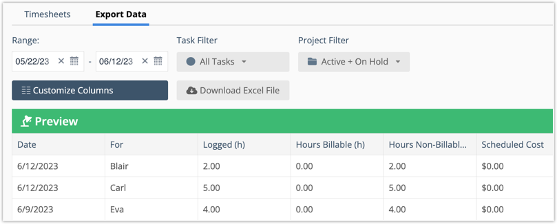 Export Data sub-view