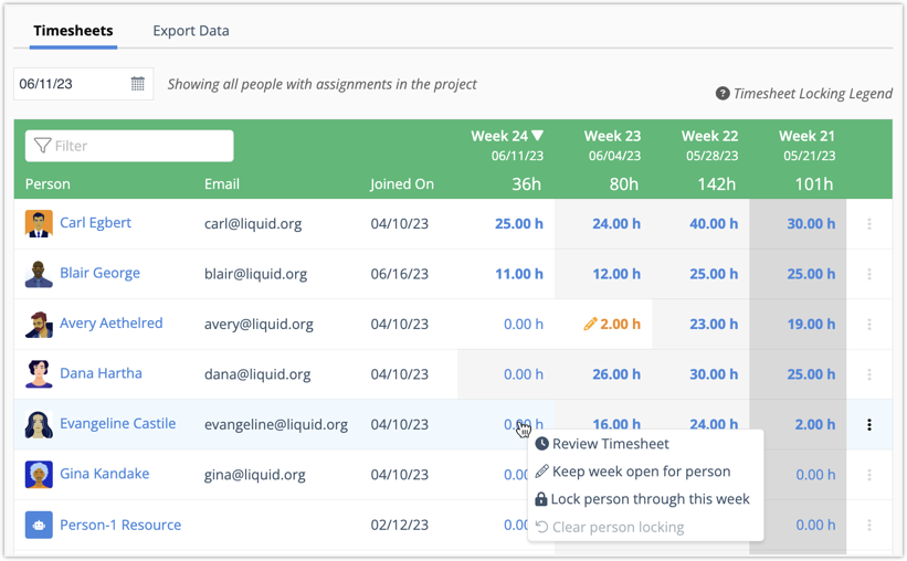 Timesheets sub-view