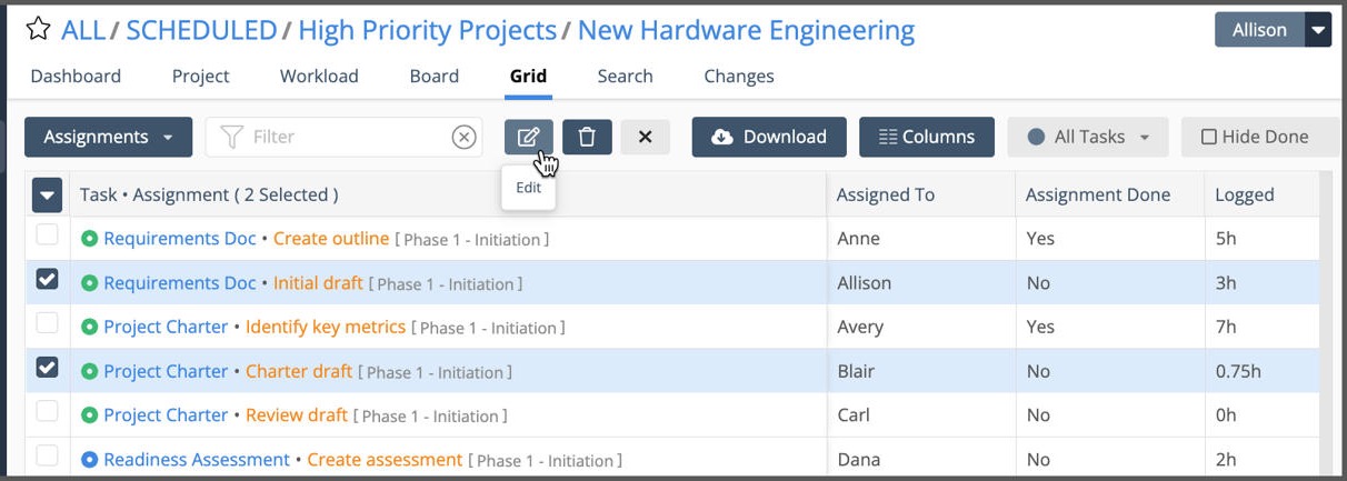 Edits and updates for one or more rows