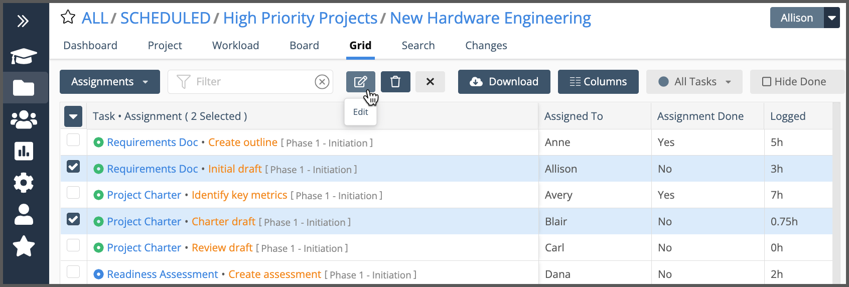 Edits and updates for one or more rows