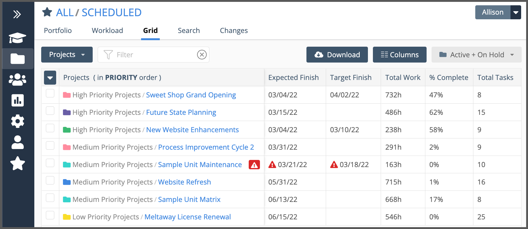 grid view in liquidplanner