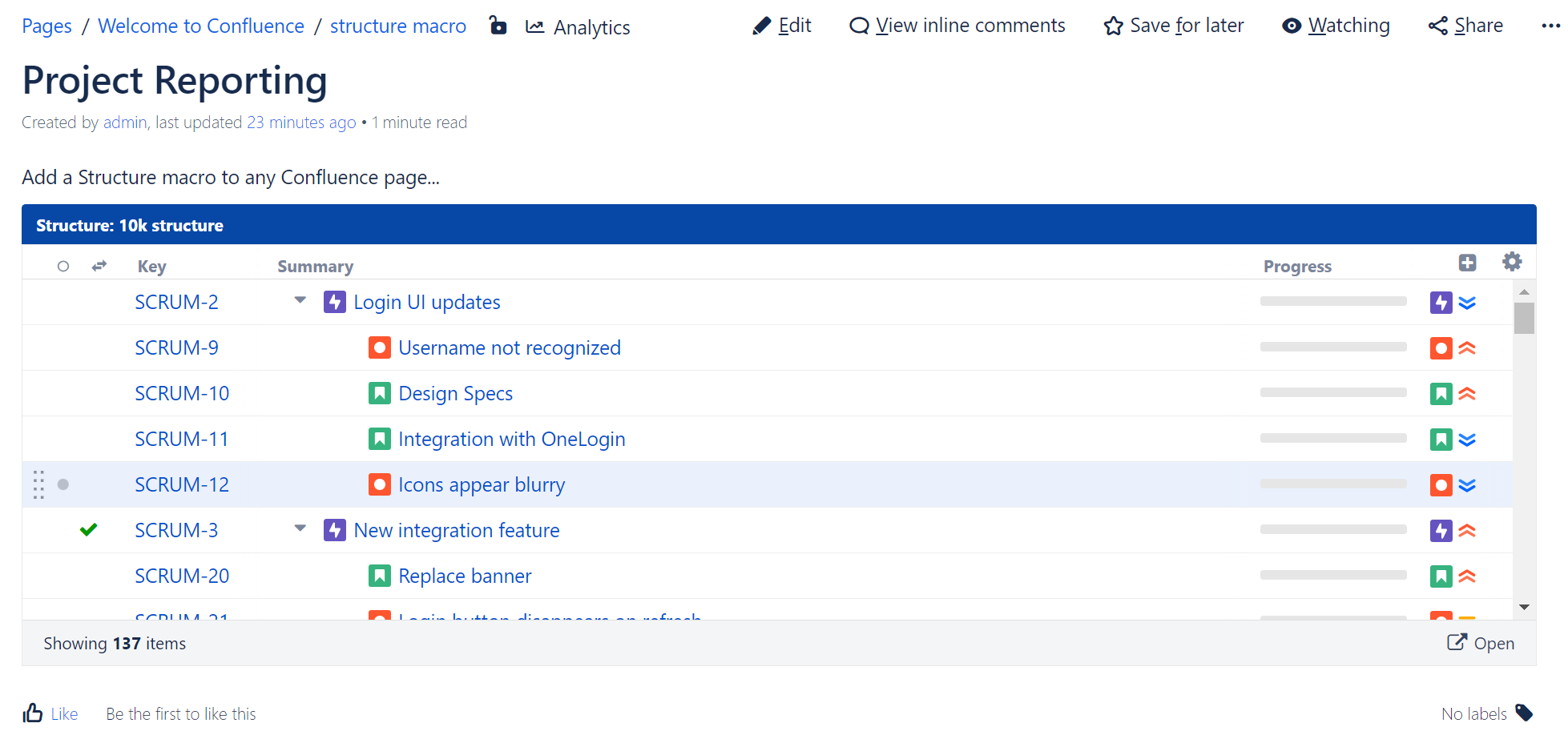 Confluence page with a Structure macro