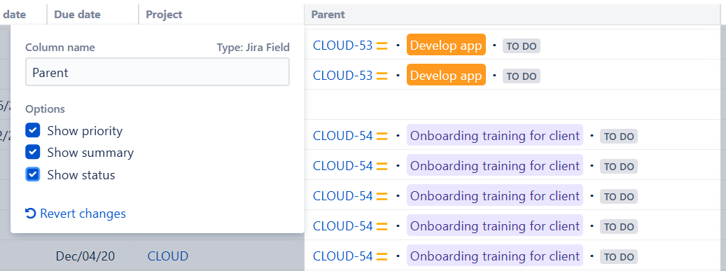 Parent column