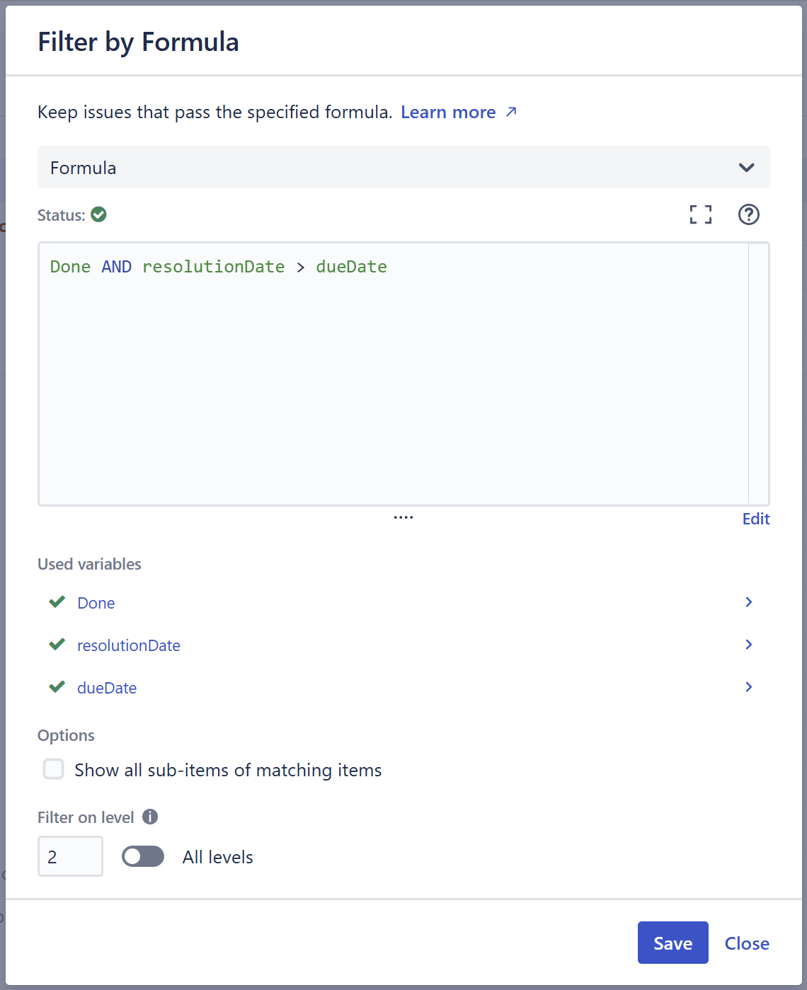 Filter by formula configuration screen