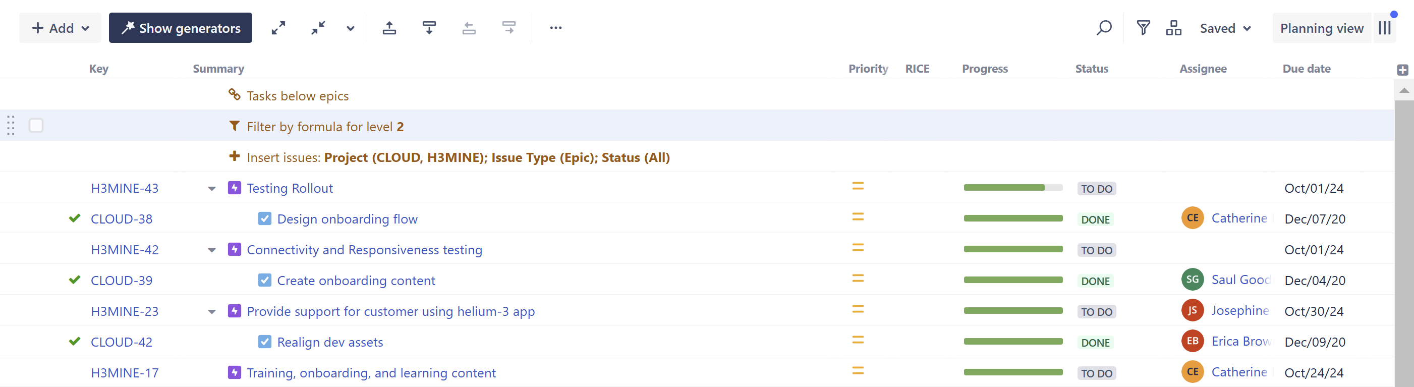 Structure filtered to show tasks completed after due dates