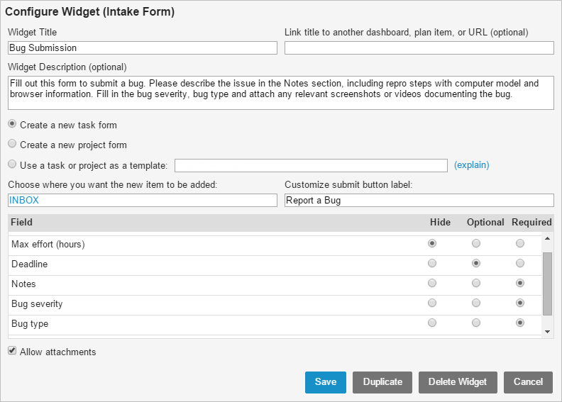 Bug Tracking via intake form, config