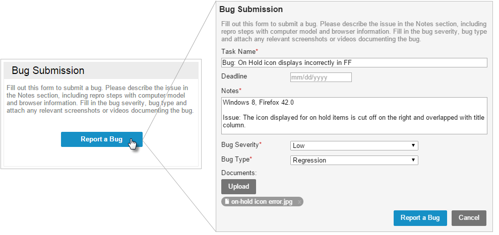 Bug Tracking via intake, submission form