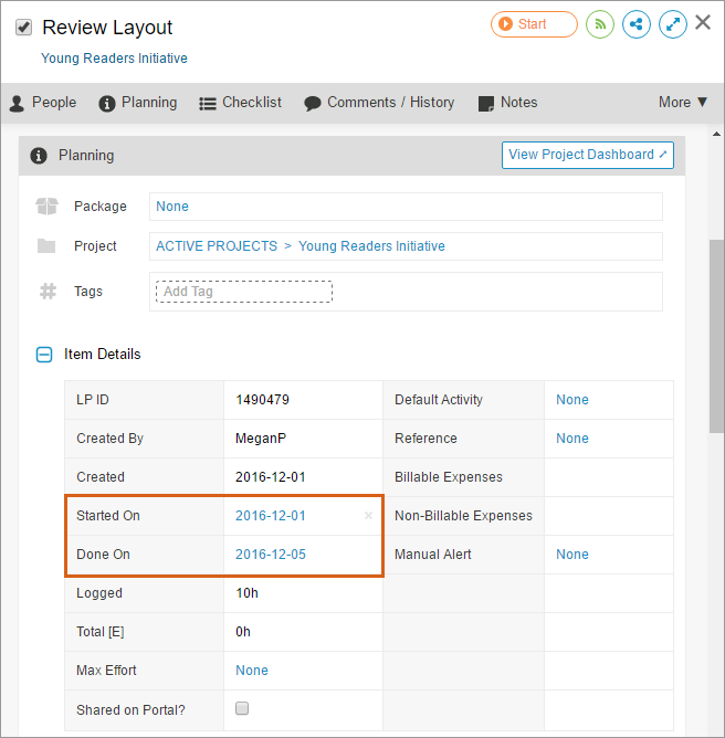 Image of Started On and Done On dates in Edit Panel