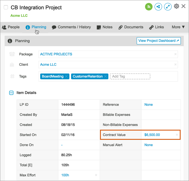 Contract Value field in edit panel