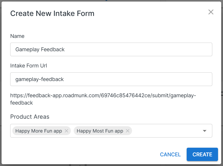 Create new intake form popup