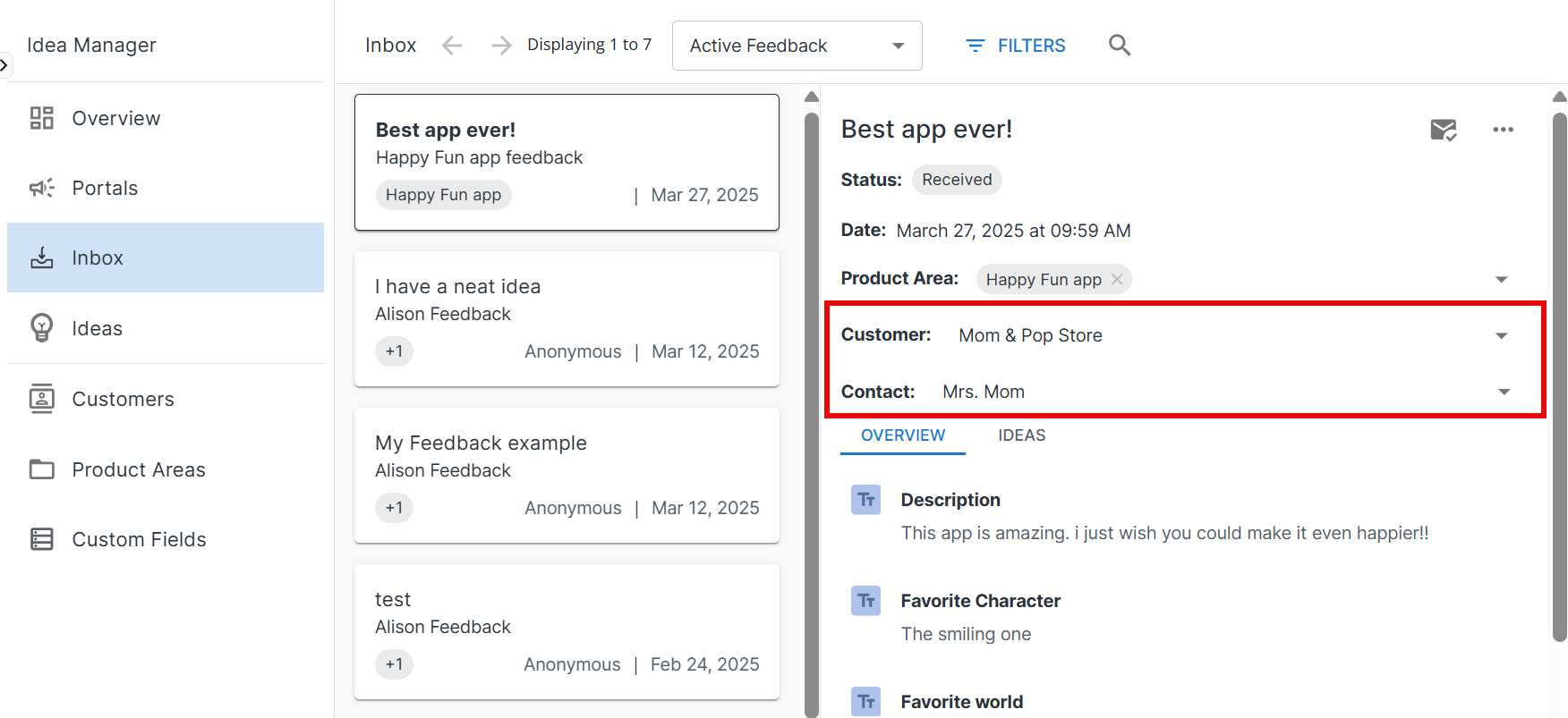 Customer and contect fields on a Feedback card