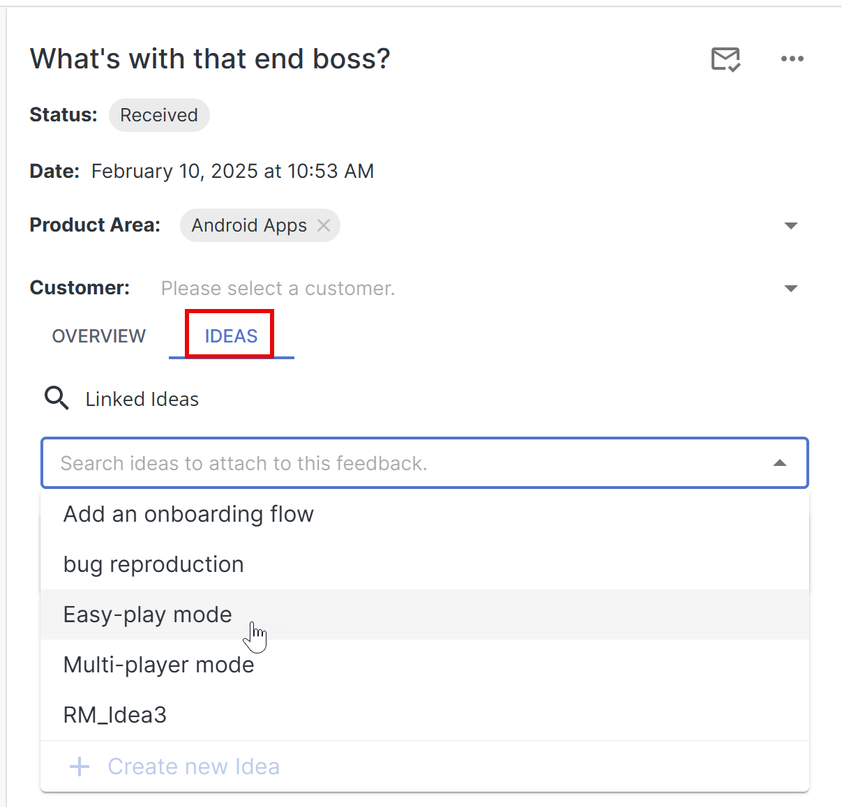 Linking feedback to an idea from the feedback module