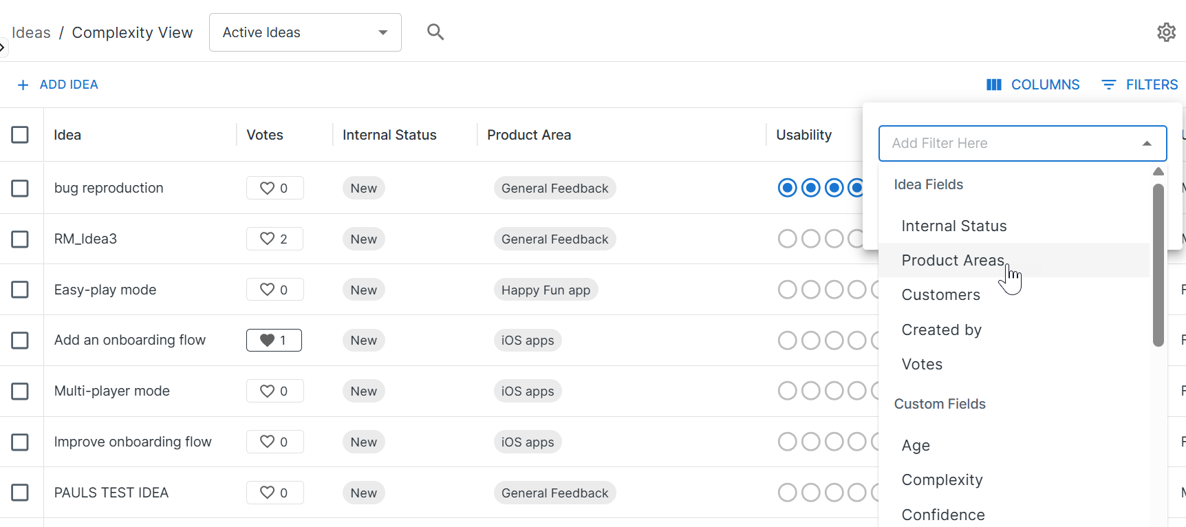 Filter an ideas view