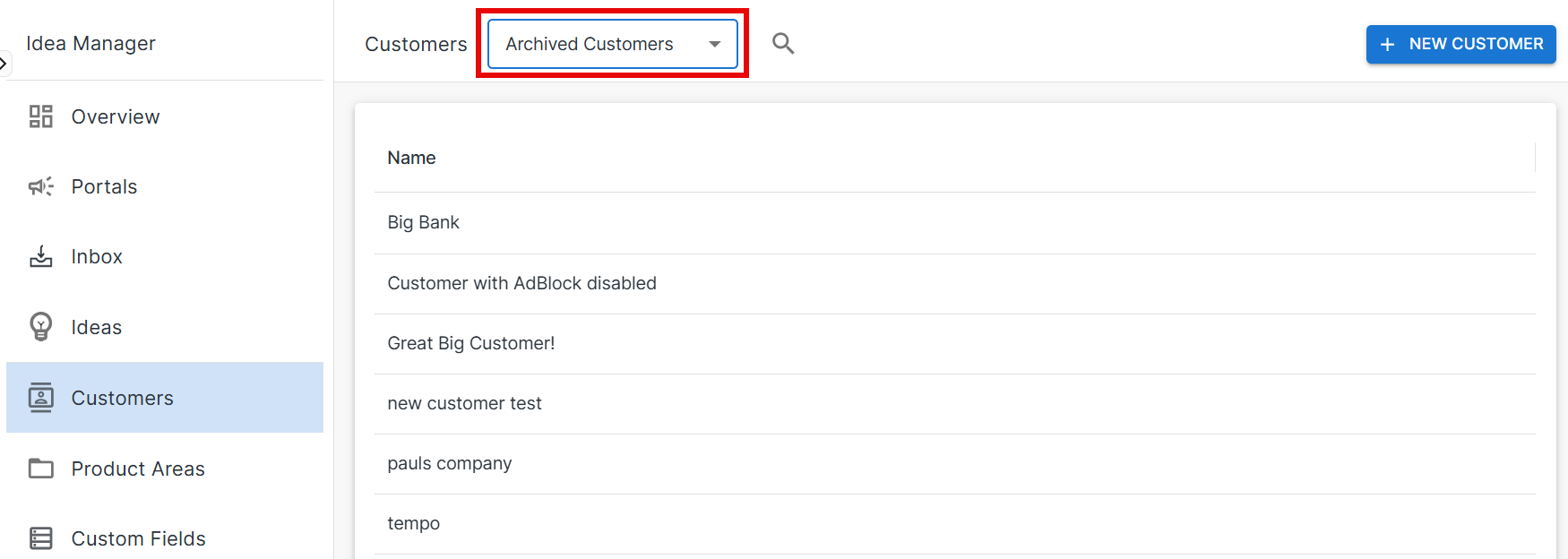 Customers list displaying archived customers