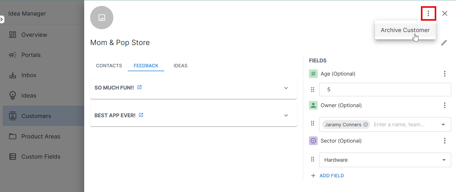 Selecting Archive Customer on a Customer Card