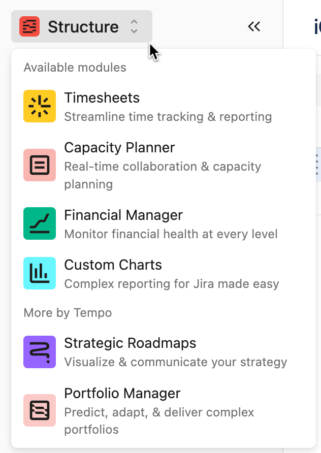 Module switcher in the Tempo Navbar