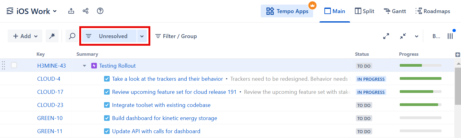 Structure filtered to show only unresolved issues