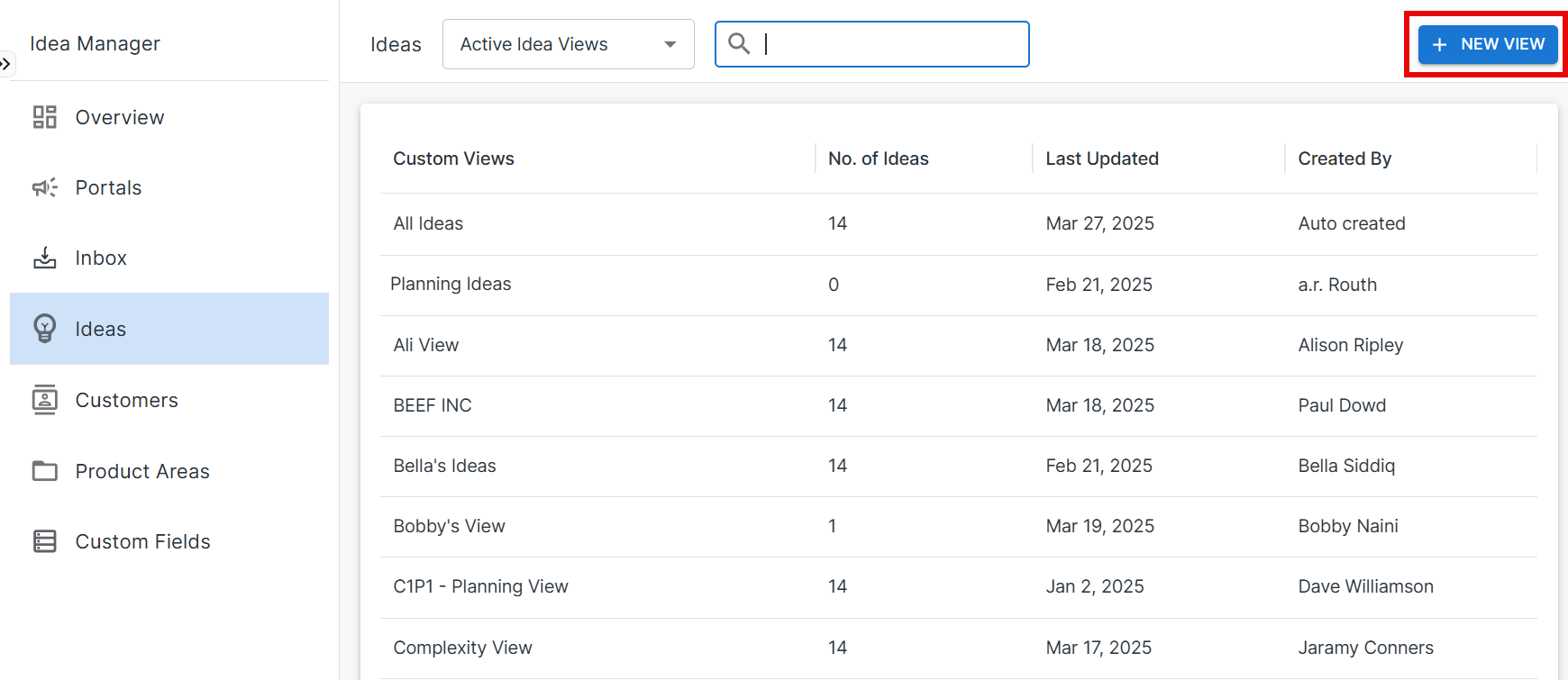 New View button on the Ideas page