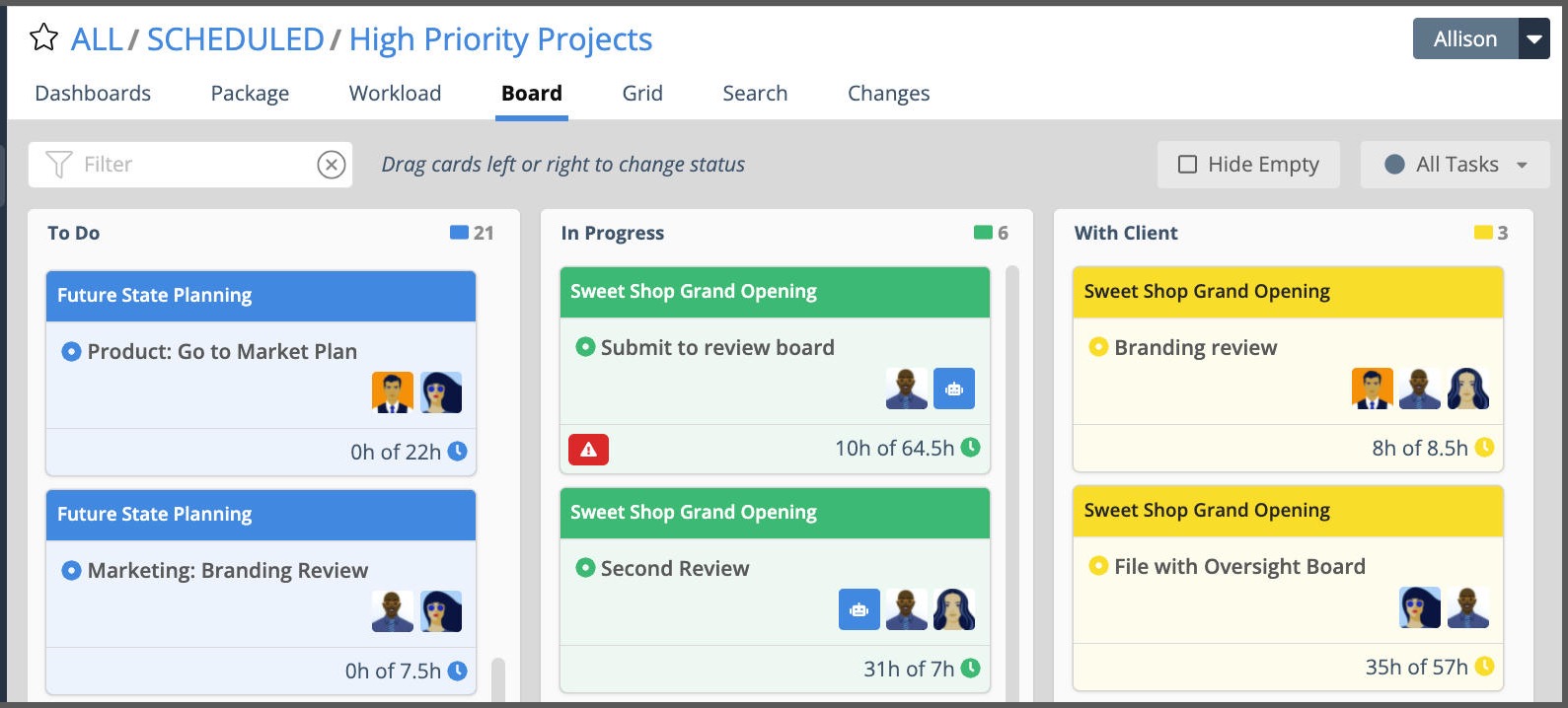 liquidplanner board view and task management in cards