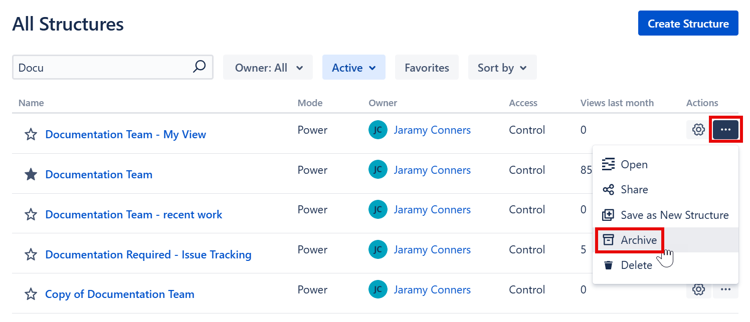 Archiving a structure on the All Structures screen