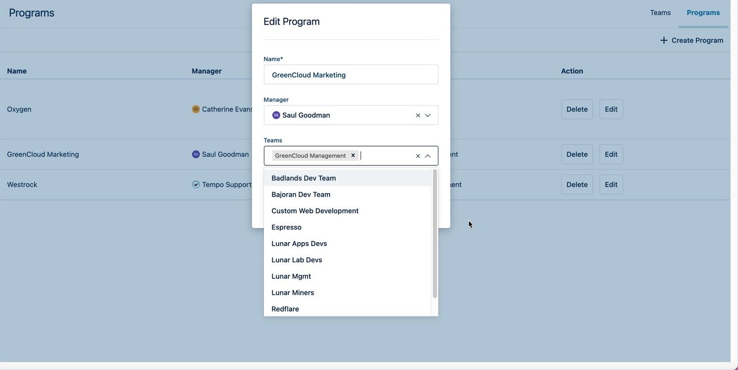 Editing teams for a Program