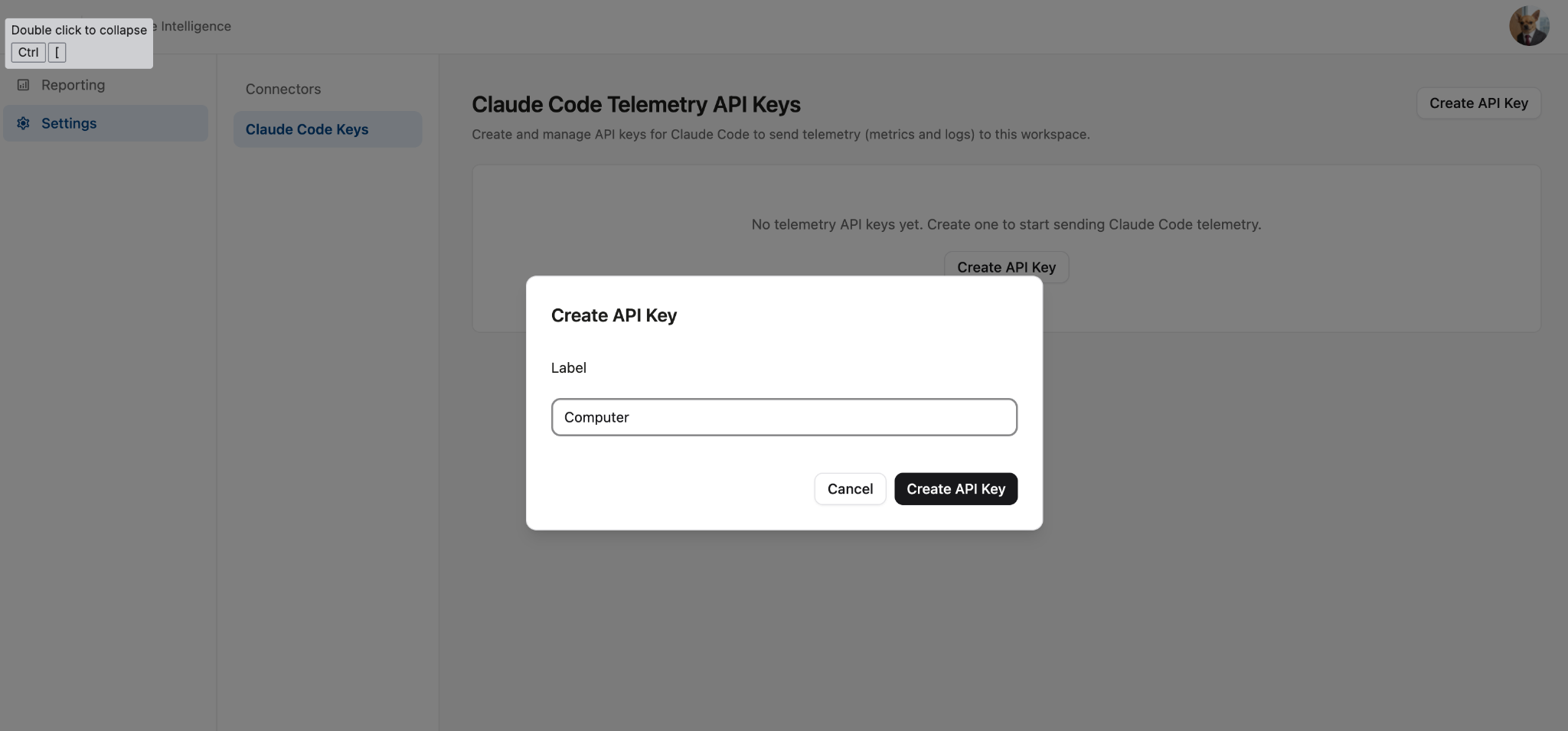 Claude Code Telemetry - Create API Key popup window.png