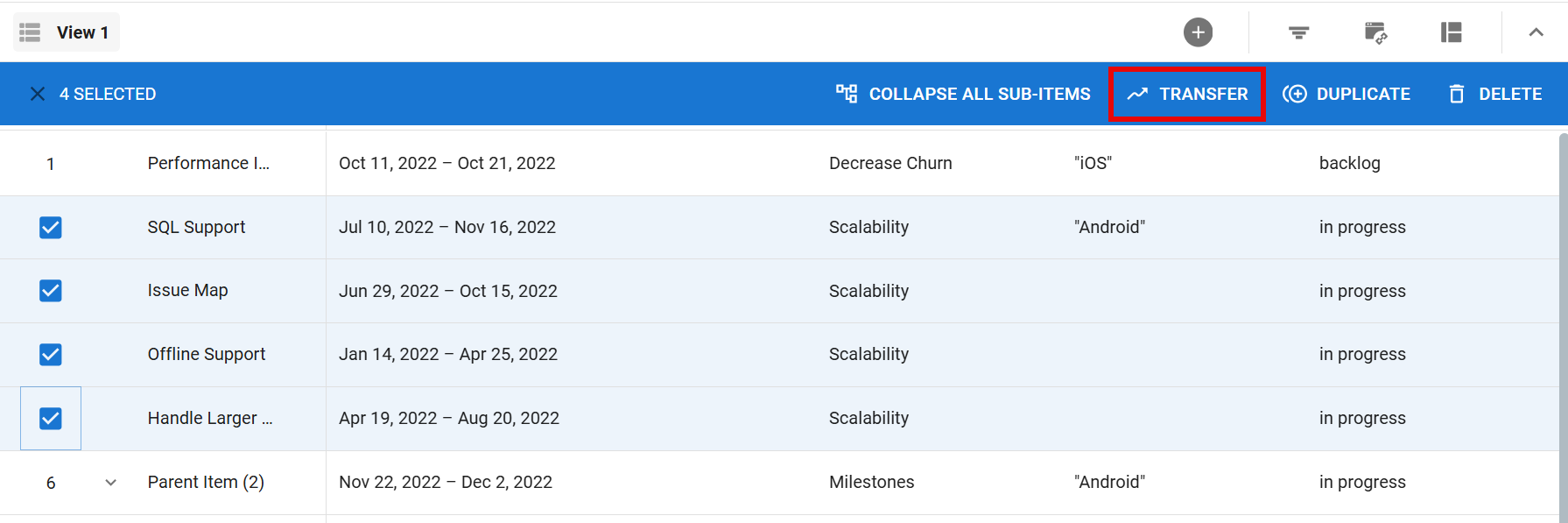 Transfer items to another roadmap