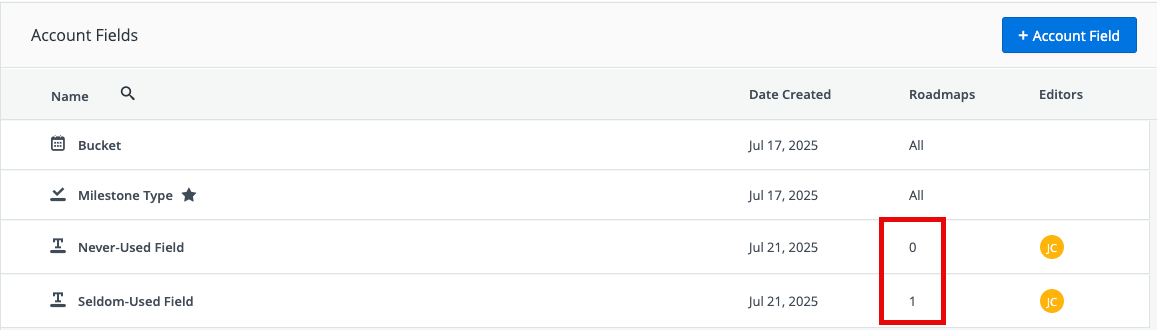 Roadmap usage on the Account Fields page