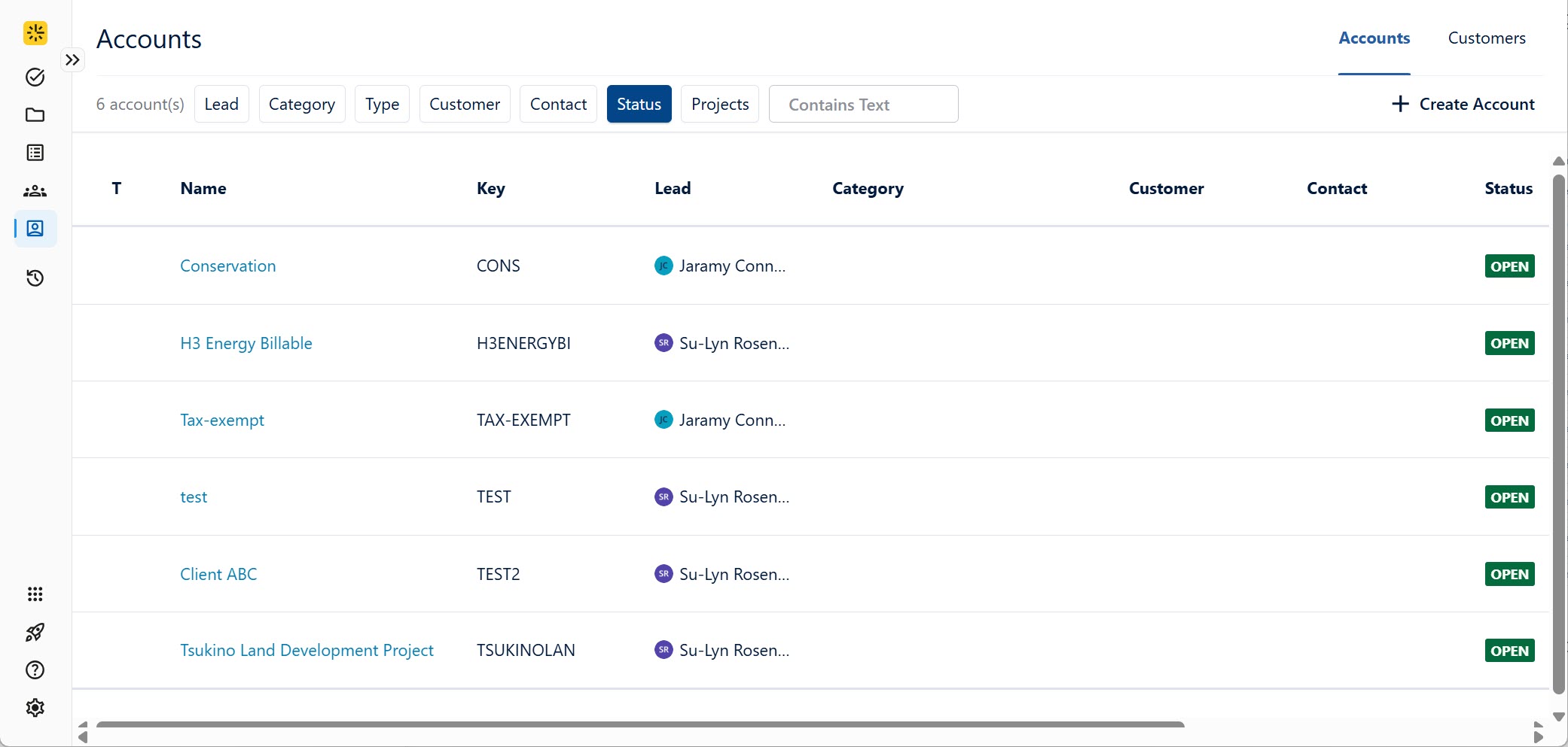Accounts screen